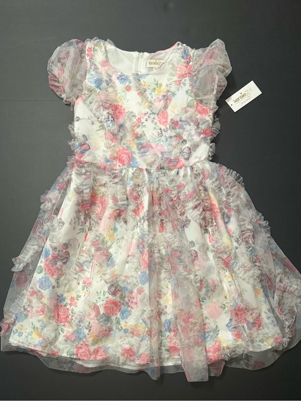 Kensie Girl White Floral Pastel Ruffle Tulle Dress